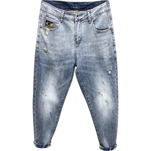 Faded Jeans Men Hip Hop Capris Pants Mens Cropped Trousers Vintage Harem Pants Distressed Street Wear Male Pantalones Hombre