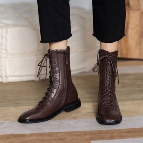 2020 new womens shoes autumn and winter square toe low-heel square heel mid-calf boots cross lace zipper mid-calf boots