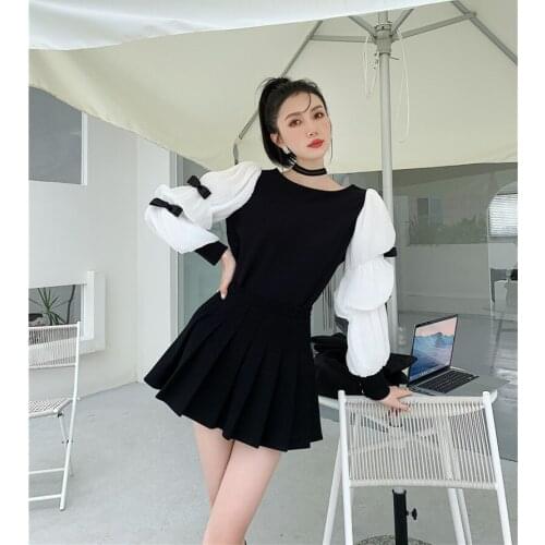 2021 Spring New Round Neck Bow Contrast Color Stitching Puff Sleeve Top Loose Long-Sleeved T-shirt Sweet Kawaii Women