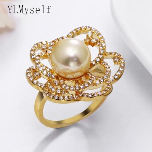 New arrival Big flower ring with pearl and crystal female jewelry top quality finger rings for women