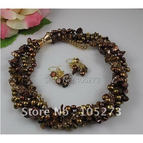 Wholesale Elegant jewelry set Brown crystal fresh water pearl necklace earring magnet clasp 5rows free shipping A2094a