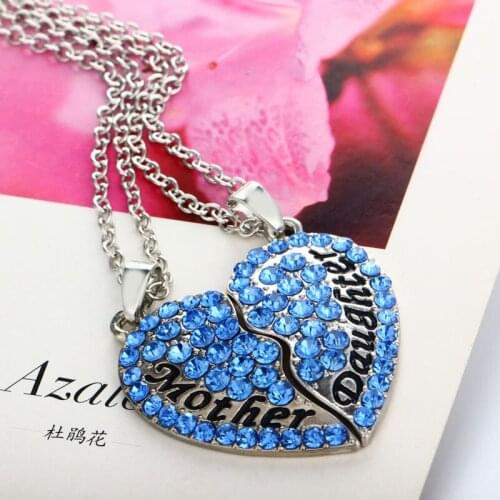 2PCs Blue Mother Daughter Crystal Heart Pendant Necklace Women Jewelry Charm Rhinestone Mom Children Chain necklaces