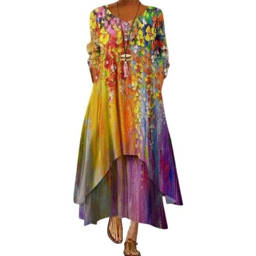 2021 SANWOOD Long Sleeve Dress Mid Waist Irregular Hem Floral Ankle-length Dress for Dating Elegant