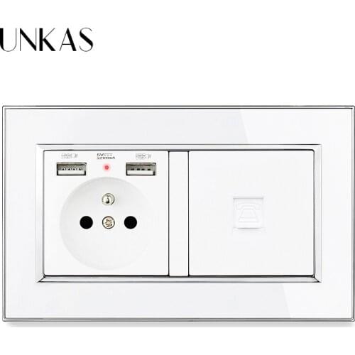 UNKAS Luxury Mirror Acrylic Panel 2 Gang 16A French Socket 146mm * 86mm + Dual USB Charge Port Female RJ11 Telephone Jack Outlet