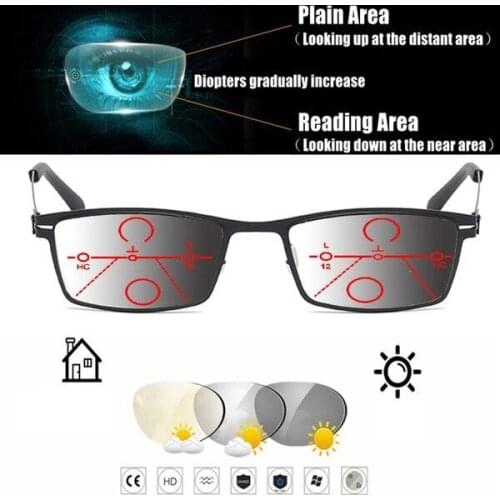 Modern Trend Titanium Alloy Full Rim Progressive Photochromic Transition Sunglasses Reading Glasses +0.75 To +4 See Near And Far