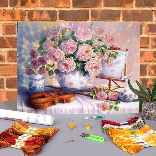Flower Rose Printed Water-Soluble Canvas 11CT Cross Stitch DIY Embroidery Set DMC Threads Handmade Handicraft Craft Mulina