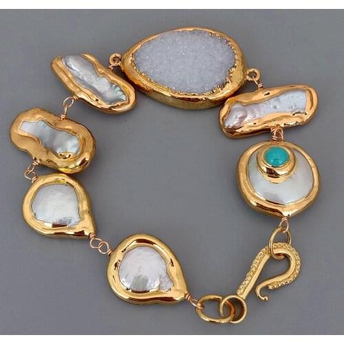 Y·YING Freshwater Cultured White Coin Pearl Biwa Pearl Agates Druzy With Electroplated Bracelet 8.5"