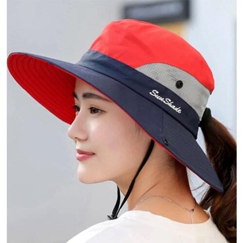Womens Summer Mesh Wide Brim Sun UV Protection Hat with Ponytail Hole Womens Ponytail Safari Sun Hat
