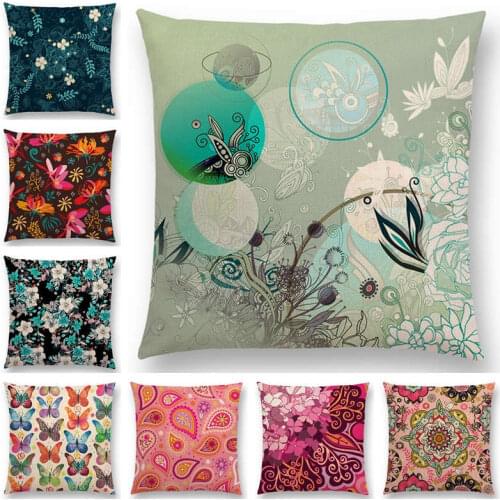 Hot Sale Gorgeous Flowers Circle Floral Curves Abstract Pattern Blossom Paisleys Butterfly Colorful Cushion Cover Pillow Case