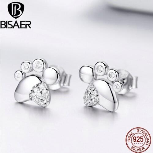 BISAER 2019 New 925 Sterling Silver Animal Footprints Small Stud Earrings for Women Clear CZ Zircon Jewelry EFE033