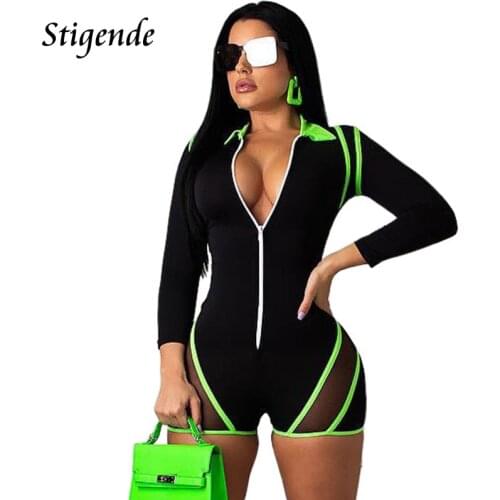 Stigende Women Sexy Long Sleeve Zipper Playsuit Skinny Patchwork Lace Fitness Romper Turn Down Collar Bodycon Gym Playsuit
