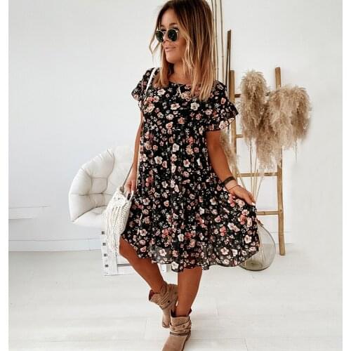 Women Casual Floral Print Summer Dress 2021Boho Short Sleeve Woman Fashion Loose Ruffles Mini Dresses Plus Size Black Robe Femme