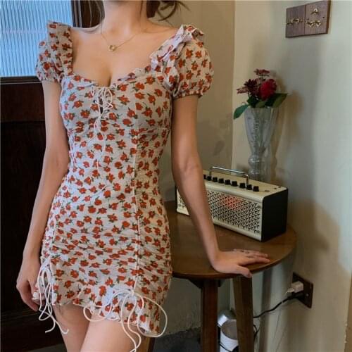 Kawaii Puff Sleeve Bodycon Midi Dress Korean Chic Sexy Floral Dress Casual Party Sweet Summer Womens Dress 2021