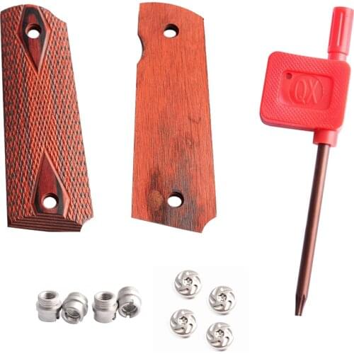 1911 Checkered Red Diamond Wood Grips With Allen Screws & SS Grip Screws Bushings