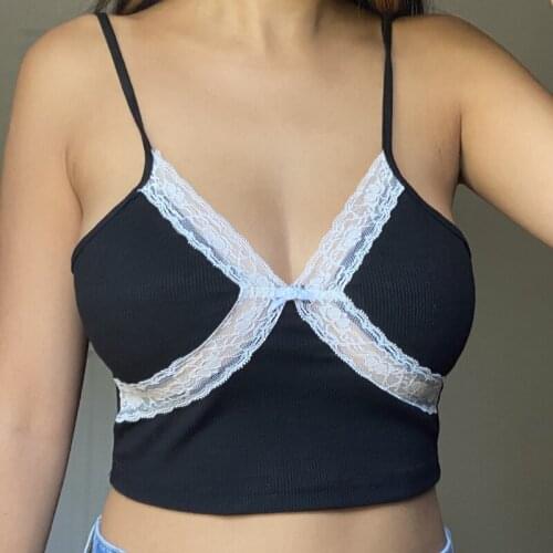 2021 Fashion Trend Womens Camisole V-neck Lace Hem Sling Patchwork Sleeveless Underwear Crop Tops Tanks for Summer Daily Wear