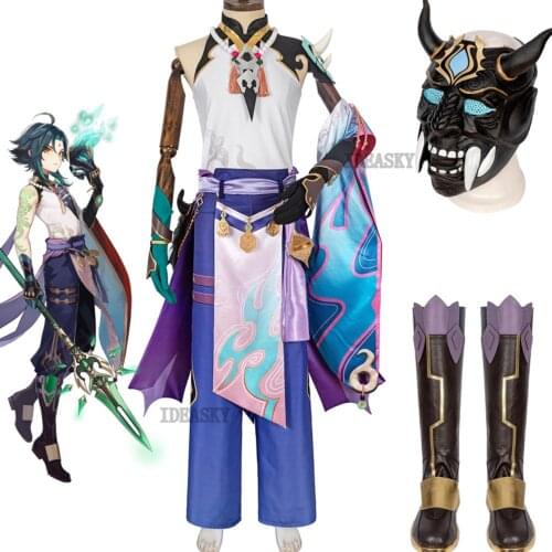 Anime Game Genshin Impact Xiao Game Suit Uniform Cosplay Costume Halloween Party Outfit For Women Men wig mask