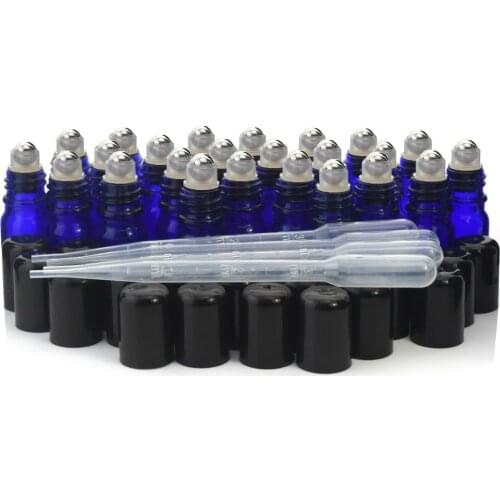 24pcs 5ml Cobalt Blue Glass Essential Oil Roller Bottles with Stainless Steel Roll On Black Cap Lid for Perfume Aromatherapy