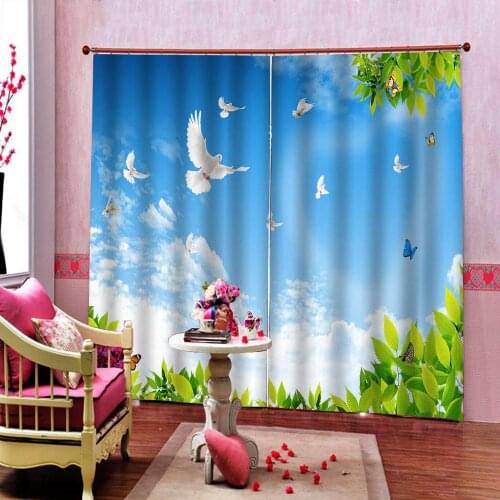 Custom Large 3D Stereo Blue Sky White Clouds Dove Nature Landscape Photo Curtain For Living room Bedroom Blackout Window Drapes