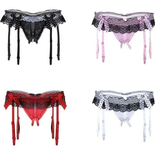 Hot Sexy Women Open Butt Panties Pearl Chains Briefs with Garter Belt G-string Bikini Knickers Underwear Erotic Lace Lingerie