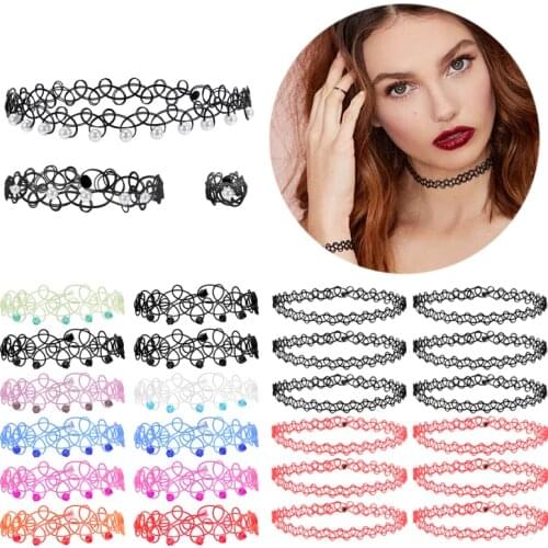 ZS 3/12pcs Vintage Tattoo Choker Bracelet Sets Colorful Punk Rock Gothic Chain Necklace for Women Girls Stretch Necklace Elastic