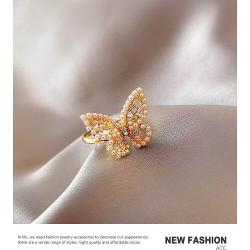 Butterfly Pearl Zircon Hollow Index Finger Ring Female Fashion Personality Special-Interest Design Simple Girlfriends Ring