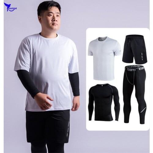 Plus Size 5XL 6XL Mens 4 Pcs/Set Sport Suit Gym Fitness Quick Dry Clothing Running Jogging Sportswear Workout Tights Tracksuit