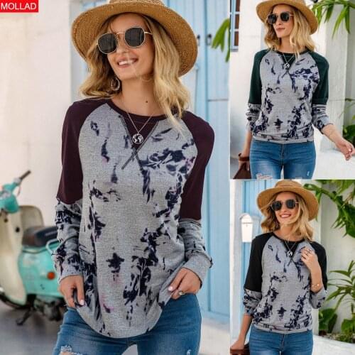 Autumn and Winter Hot Sale Color Contrast Patchwork Tie-Dye Womens Long-Sleeved T-shirt