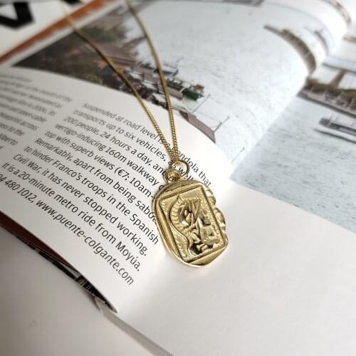 925 Sterling Silver Irregular Shape Pedant Double-sided Gold Catholic Religious Jewelry Portrait Necklace With Curb Chain S925