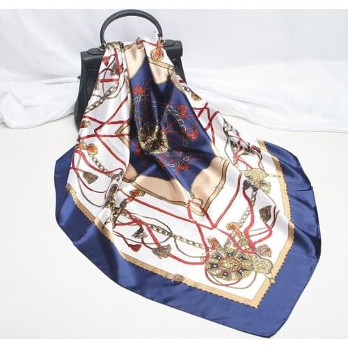 FXAASS Bandana Women Hijab Square Scarf Fashion Ladies Retro Luxury Silk Scarf Shawl Print Chain 90*90cm Cape Muslim Headscarf