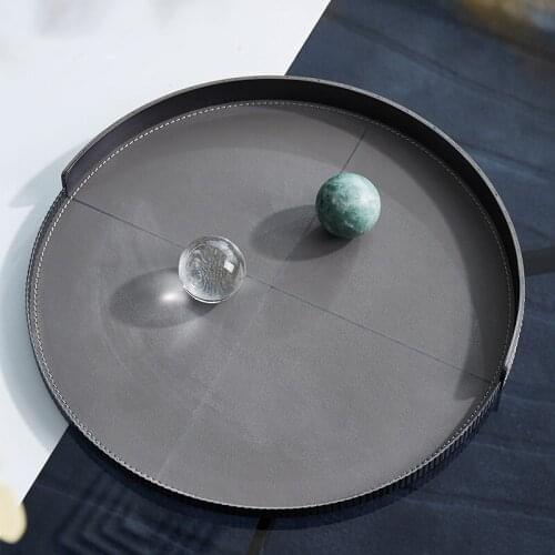Luxury Home Furnishings Stainless Steel Leather Round Tray Kitchen Dining Table Storage Fruit Food Tea Cup Holder Decor Tray