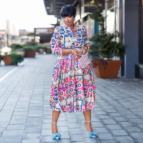 Spring Summer Printing Stand-Up Collar Dress Plus Size African Long Dresses Fashion Casual European Clothing Maxi Dress YS1478