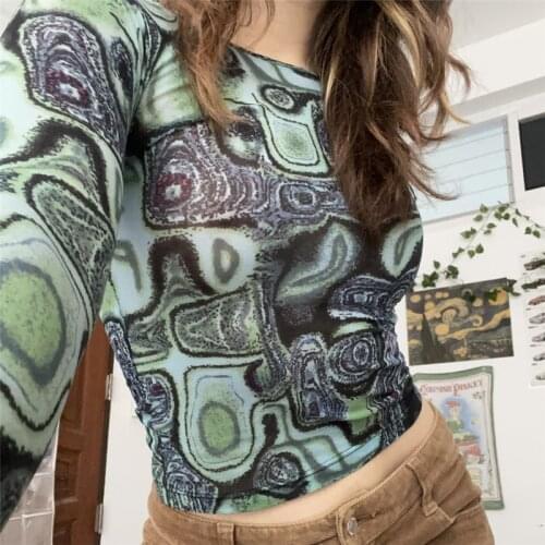 Fashion Summer Fall Women Vintage Printing Casual Long Sleeve Round Neck T-shirt Vintage Transparent Mesh Top S/M/L