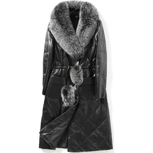 Womens real sheepskin leather jackets and coats New Winter Luxury Natual Fox Fur Female Duck Down Overcoat LX2120