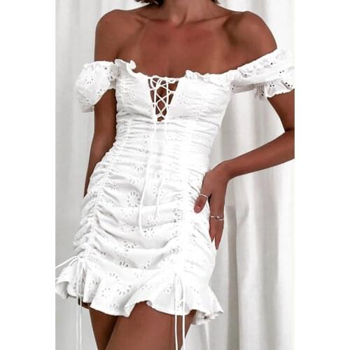 Women Summer Dresses Wrapped Chest Bag Hip Lace Dress Pleated Slash Neck Pure White Bandage Party Dress Club Sexy Girls Clothing