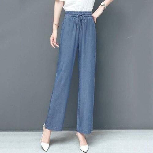 2021 Womens Tencel Pants Middle-aged Mother Casual Summer New Elastic Waist Solid Color Straight Trousers Fashion Loose NZ003