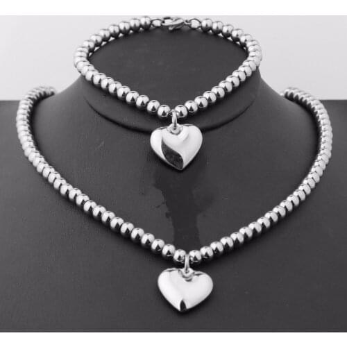 6mm Wide Silver Color Stainless Steel Beads Chain Heart Pendant Choker Neckalce Bracelet Set Women Men Girl Sweet Jewelry