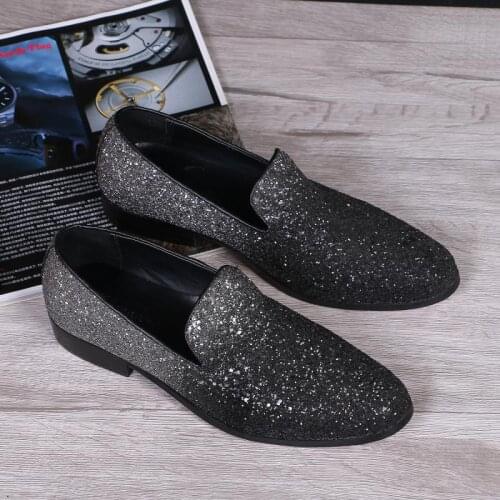 Christia Bella British Style Man Dark Grey Sequins Genuine Leather Loafers Shoes Party Dress Men Flats Shoes Mens Slip on Shoes