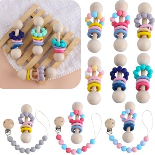 BPA Free Baby Wooden Music Rattle Silicone Beads Baby Wooden Gym Ring Hand Bell Rattles Montessori Educational Toy For Kids