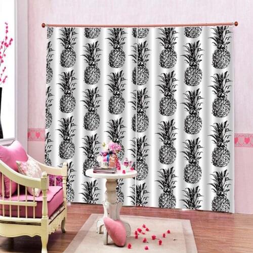 Gray Pineapple Curtain Artistic Hand-Drawn Style Tropical Pineapple Fruit Pattern For Living Room Bedroom Blackout Window Drapes