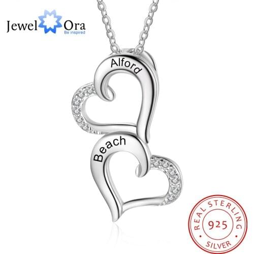 JewelOra 925 Sterling Silver Personalized Name Engraved Pendant Necklace Customized Double Heart Couples Necklaces Fine Jewelry