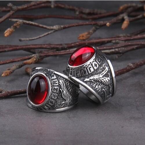 2020 Hot Selling Stainless Steel Red Stone Ring Viking raven and wolf ring never fade rune ring as men gift