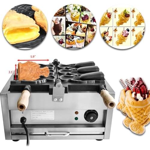 Commercial Electric Non-stick Fish Waffle Ice Cream Taiyaki Maker Baker 3pcs Stainless Steel