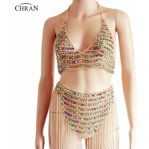 Chran Sexy Mesh Bikini Festival Costume Body Chain Classic Tassels Beaded Bralette Skits Set Burning Man Beach Jewelry