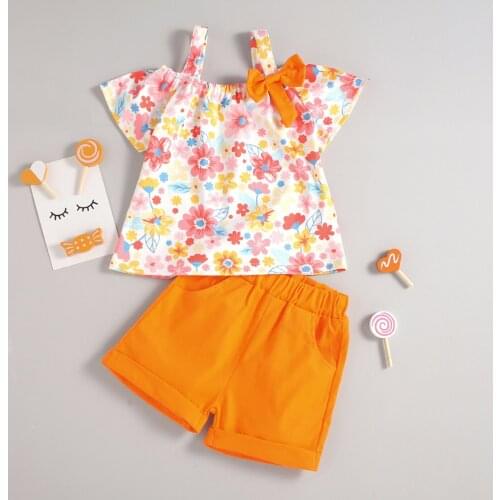 Summer Kids Clothes Sets Toddler Kids Baby Girls Suspender Strap Floral Bow Tops+Solid Shorts Outfit Set For Kids Girls 2021
