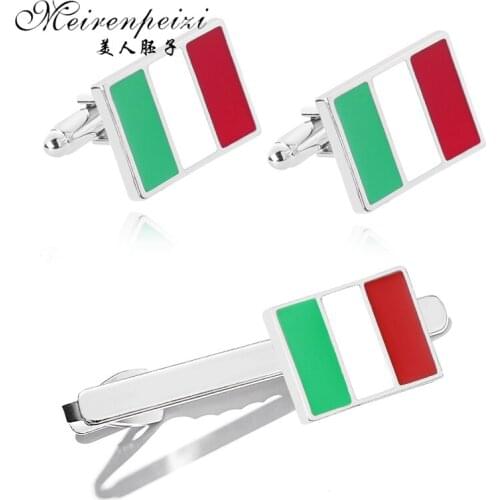 Meirenpeizi Classic Laser Stripe Bussiness Mens Italian flag Cufflinks Tie Clips High Quality Necktie Pin Tie Bars Clip Clasp