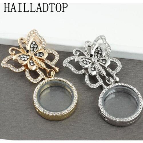 Fashion Crystal Butterfly Brooch Pins for Women With 30mm Round Floating Locket Pendant Jewelry Women Accessories Girls jewelry