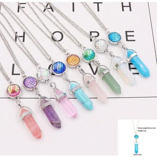 2021 Fashion Fish Scale Chakra Charm Necklace Hexagonal Pillar Natural Stone Pendant Crystal Pendant Necklace Jewelry For Women