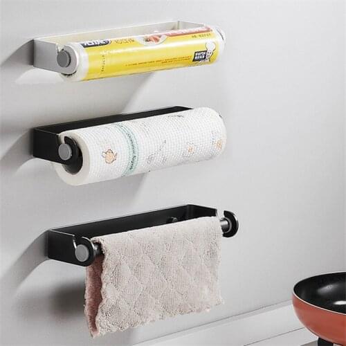 Bathroom Roll Paper Holder Black Aluminum Cling Film Rack Tissue Hanger Wall Mounted Towel Storage Shelf Kitchen Organizer
