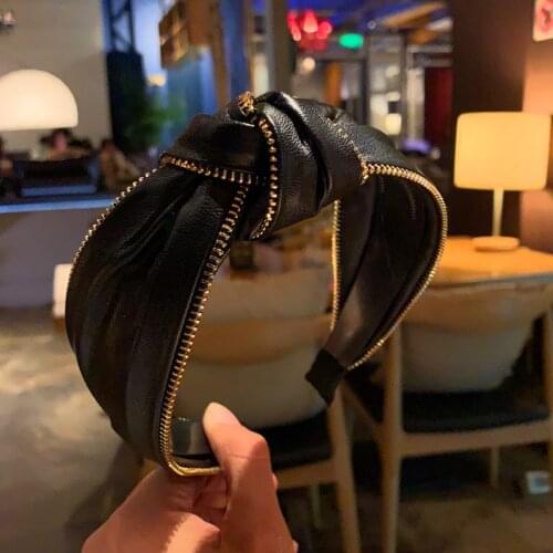 Fashion Womens Bow Knot Hairband Leather Hoop Zipper PU Cross Knot Women Head Hoop Glitter Girls Hair Headband Hair Accessories