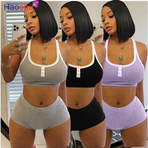 HAOOHU Casual Sport Suit Women Tracksuit 2 Piece Set Solid Short Tank Crop Top Biker Shorts Set Two Piece Outfits Matching Sets